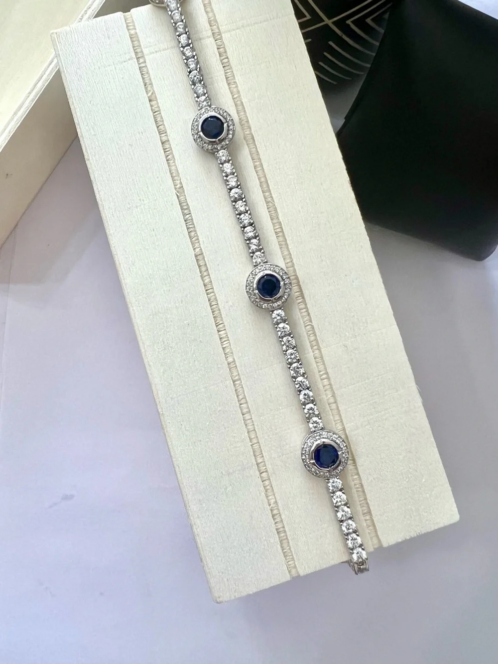 925 Sterling Silver Blue Sapphire wnd Cubic Zirconia Tennis Bracelet Size 7” - Picture 8 of 16